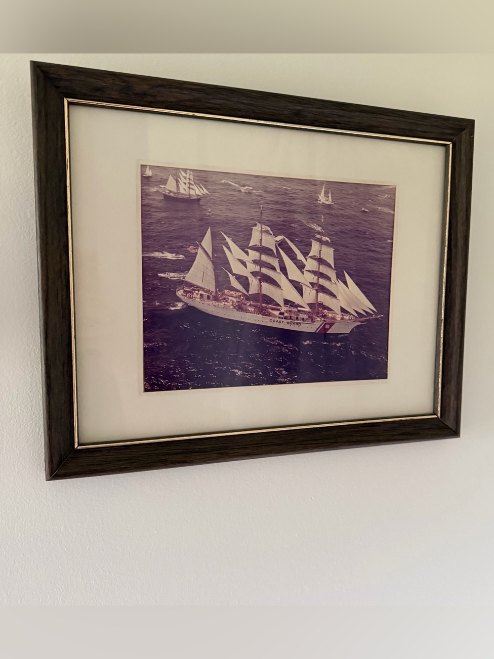 Vintage Framed USCG Print in Dark Wood Frame W/ gold border. 8x10 11x4